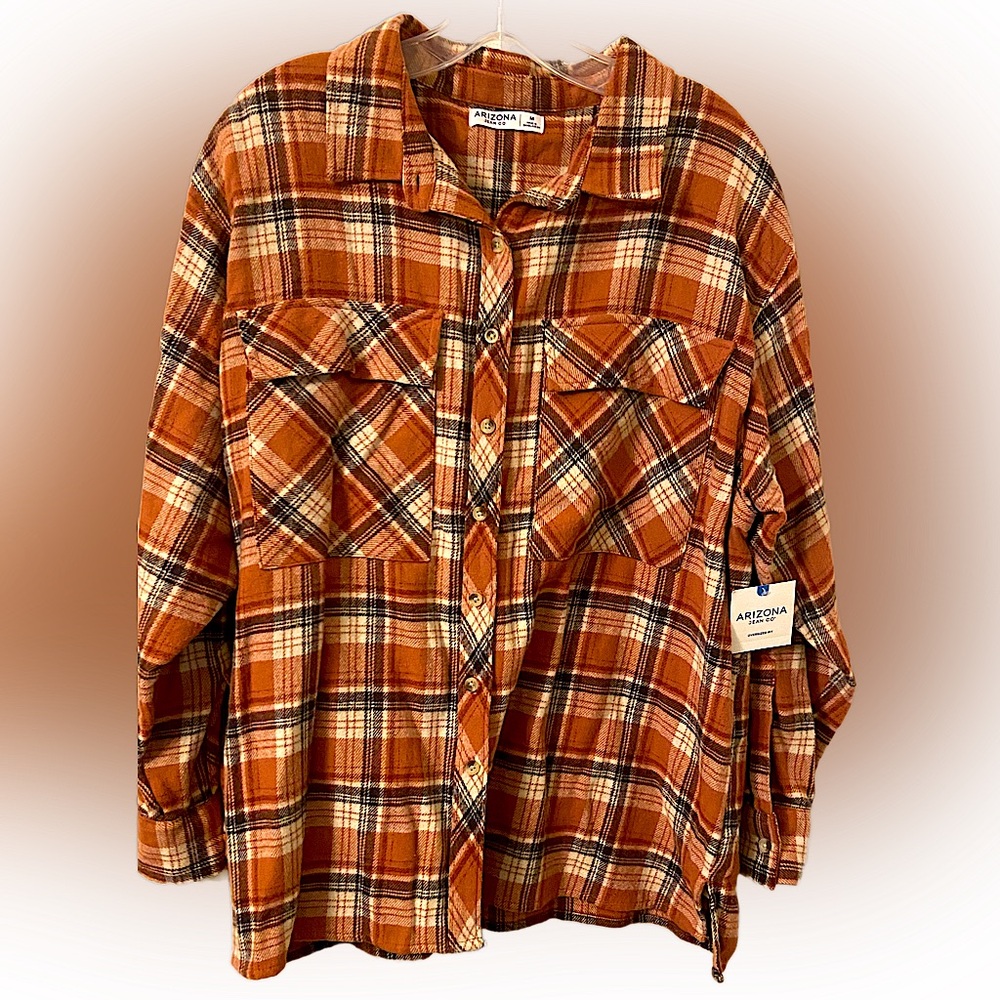 Arizona Jean Co Cedar wood Color Plaid Button Down Oversized Fit Shacket Medium